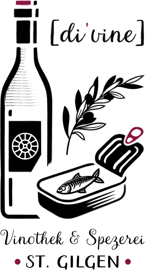Das Logo zeigt eine stilisierte Weinflasche mit einem Weinetikett, das das Symbol der Mutter trägt, eine geöffnete Sardinenbüchse mit einer Sardine und einen Olivenzweig. Darüber steht der Name '[di'vine]' in schwarzer Schrift.